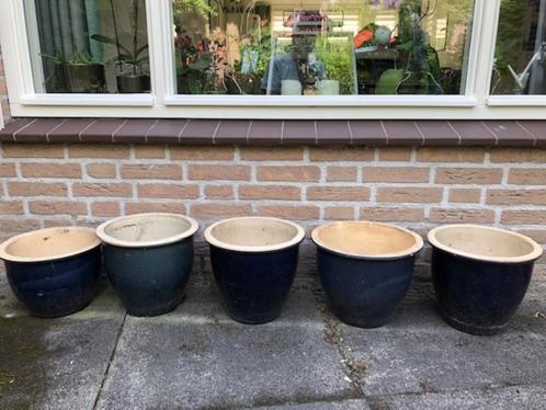 Blauwe geglazuurde bloempotten voor buiten, Tuin en Terras, Bloempotten, Gebruikt, Aardewerk, Binnen, Balkon, Tuin, Minder dan 40 cm