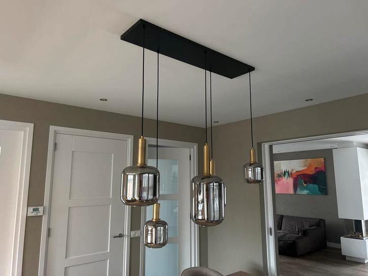 Design Hanglamp Whoon - 5 Glazen Bollen, Huis en Inrichting, Lampen | Hanglampen, Zo goed als nieuw, 75 cm of meer, Glas, Ophalen