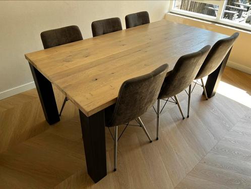 Massief eikenhouten tafel met stalen poten, Huis en Inrichting, Tafels | Eettafels, Gebruikt, 50 tot 100 cm, 150 tot 200 cm, Vijf personen of meer