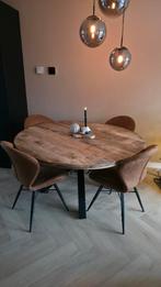 Mango houten eettafel met 4 cognac stoelen (DKW Oldebroek), Ophalen, Gebruikt, Rond, Vier personen
