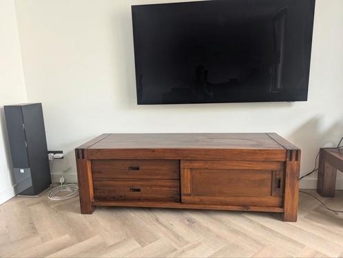 TV-meubel massief hout 157,5x52x54,5 cm – schuifdeur & lades, Huis en Inrichting, Kasten | Televisiemeubels, Gebruikt, Minder dan 100 cm