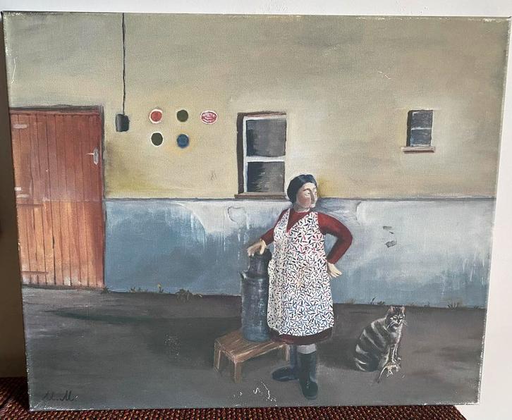 Schilderij van een vrouw met kat, Antiek en Kunst, Kunst | Schilderijen | Modern, Ophalen of Verzenden