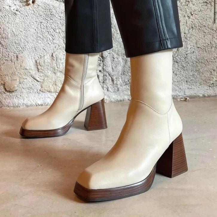 Feners Platform Retro Leren Laarzen Creme Wit (maat 40), Kleding | Dames, Schoenen, Zo goed als nieuw, Hoge laarzen, Beige, Ophalen of Verzenden