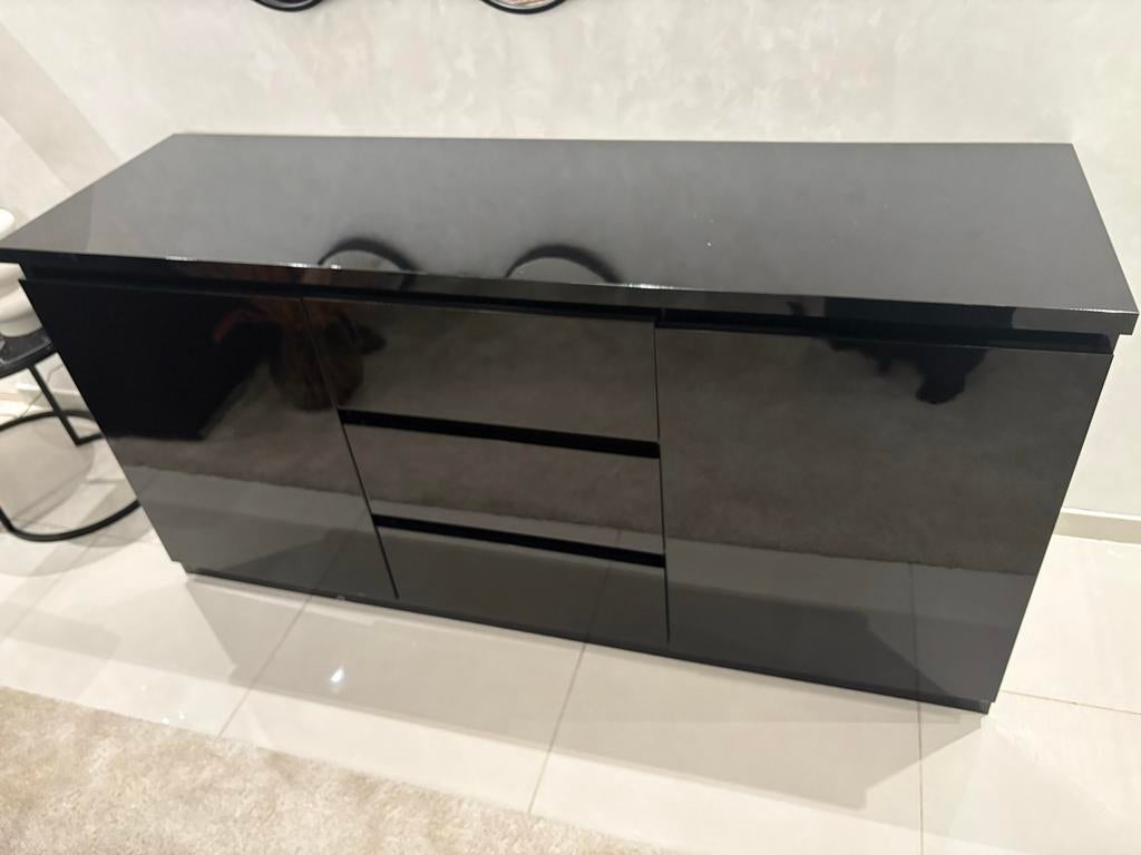 Zwart hoogglans dressoir kast met lades en kastjes, Overige materialen, Gebruikt, 100 tot 150 cm, Ophalen of Verzenden