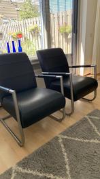 Twee antraciet/zwart leren fauteuils, Huis en Inrichting, Fauteuils, Ophalen, Gebruikt, 50 tot 75 cm, Leer