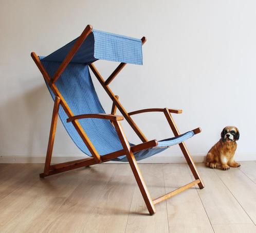 Houten vintage strandstoel - Reyne. Blauwe retro tuinstoel, Tuin en Terras, Tuinstoelen, Hout, Inklapbaar, Ophalen