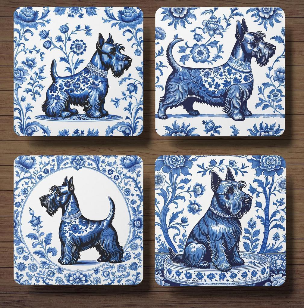 Schotse Terriër Delfts Blauw onderzetters met houder, Ophalen of Verzenden, Nieuw, Glas of Kopje