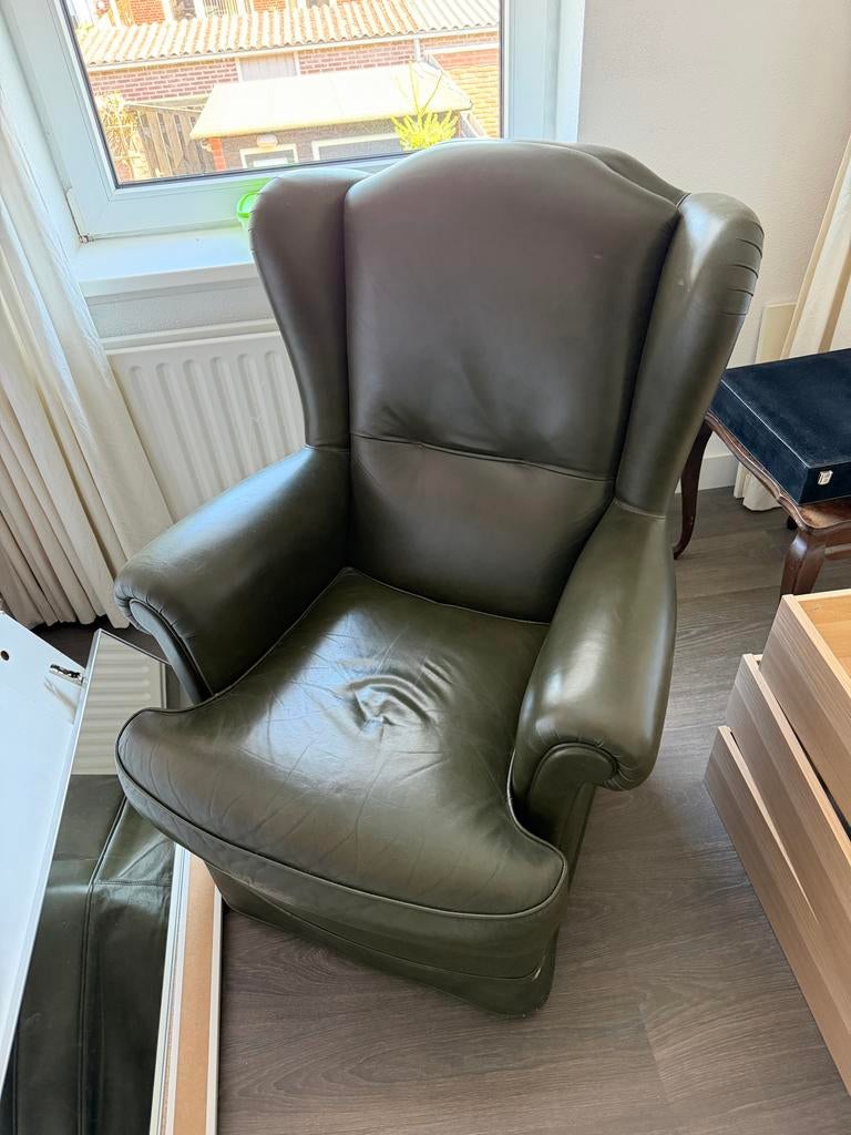 Vintage Groene Leren Fauteuil, Ophalen, Gebruikt, 100 tot 125 cm, Vintage