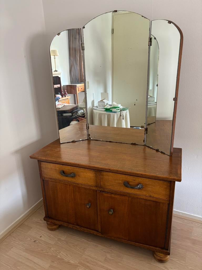 Vintage kaptafel met drieluik spiegel - Eikenhout, Huis en Inrichting, Tafels | Kaptafels, Ophalen, Gebruikt, 100 tot 150 cm, 50 tot 100 cm