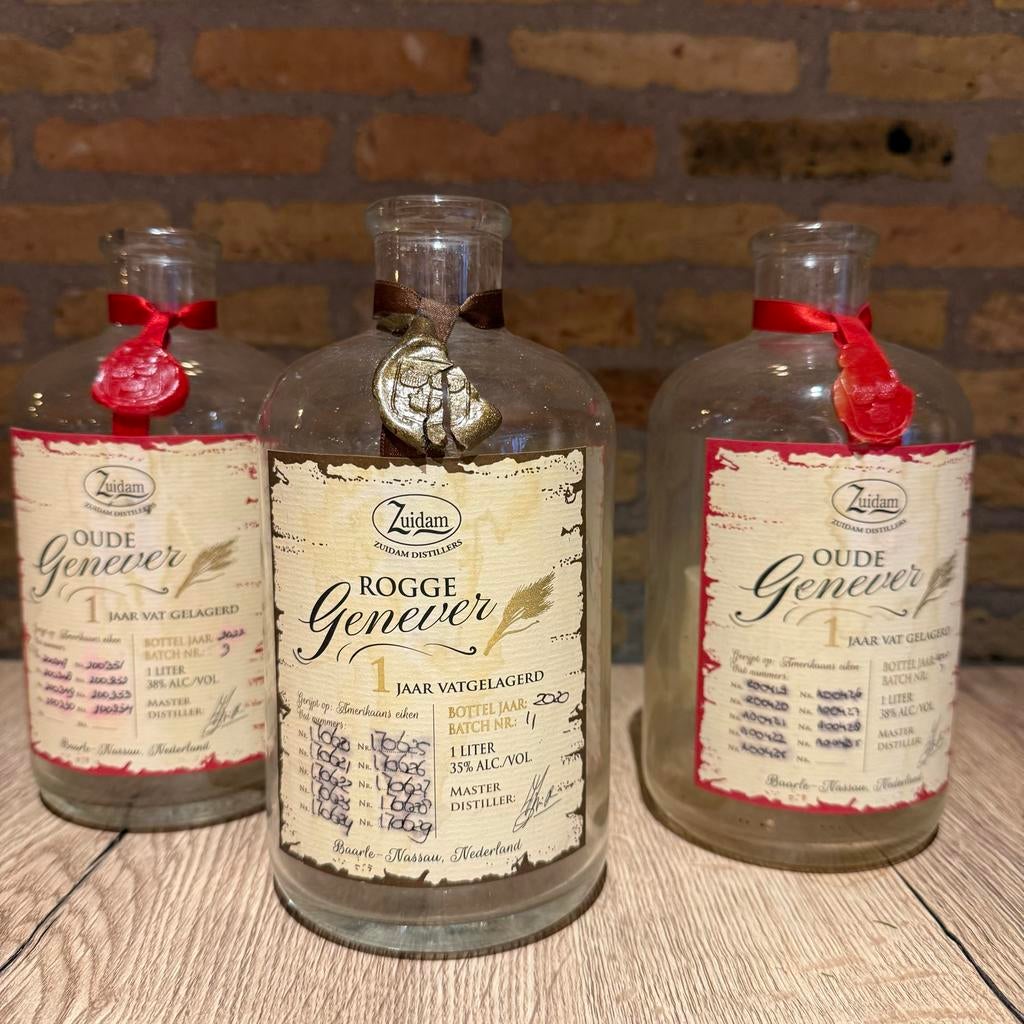 3 Lege Zuiddam Rogge Oude Jenever flessen 1 Liter, Ophalen of Verzenden, Gebruikt