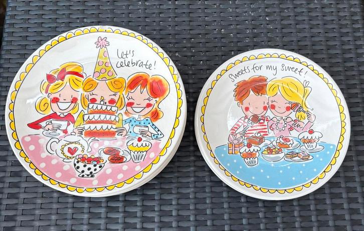 Blond Amsterdam Gebaksbordjes - 7 roze, 2 blauw, Huis en Inrichting, Keuken | Servies, Gebruikt, Bord(en), Blond Amsterdam, Aardewerk