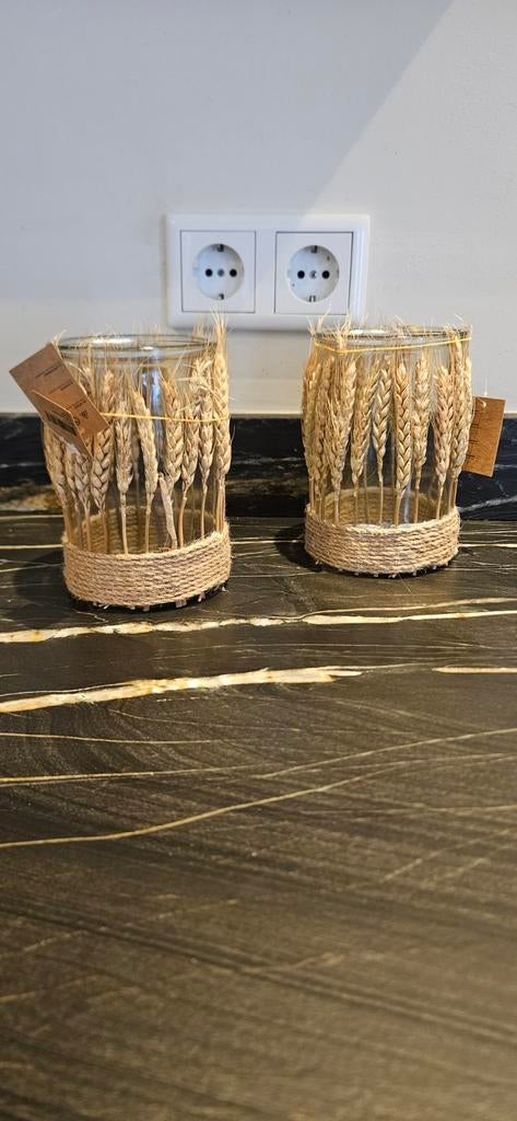 Dijk Glazen Theelichthouders met Korenaren en Jute, Overige materialen, Nieuw, Ophalen of Verzenden, Bruin
