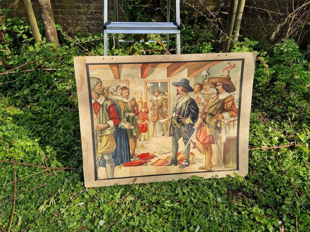 Oude schoolplaat met historische afbeelding, Antiek en Kunst, Antiek | Schoolplaten, Ophalen, Geschiedenis