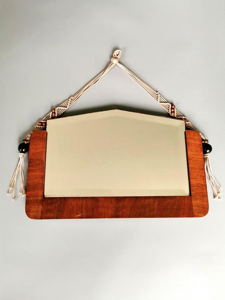 Amsterdamse School facet spiegel met klosjes en coromandel h, Antiek en Kunst, Antiek | Spiegels, Minder dan 50 cm, Rechthoekig