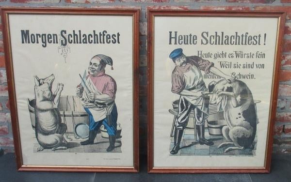 twee antieke kaders beenhouwerij varkens en slachter, Antiek en Kunst, Ophalen