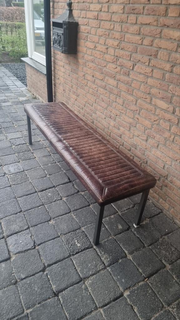Industriële eetkamerbank bruin leerlook, Huis en Inrichting, Ophalen, Minder dan 50 cm, Gebruikt, 125 cm of meer