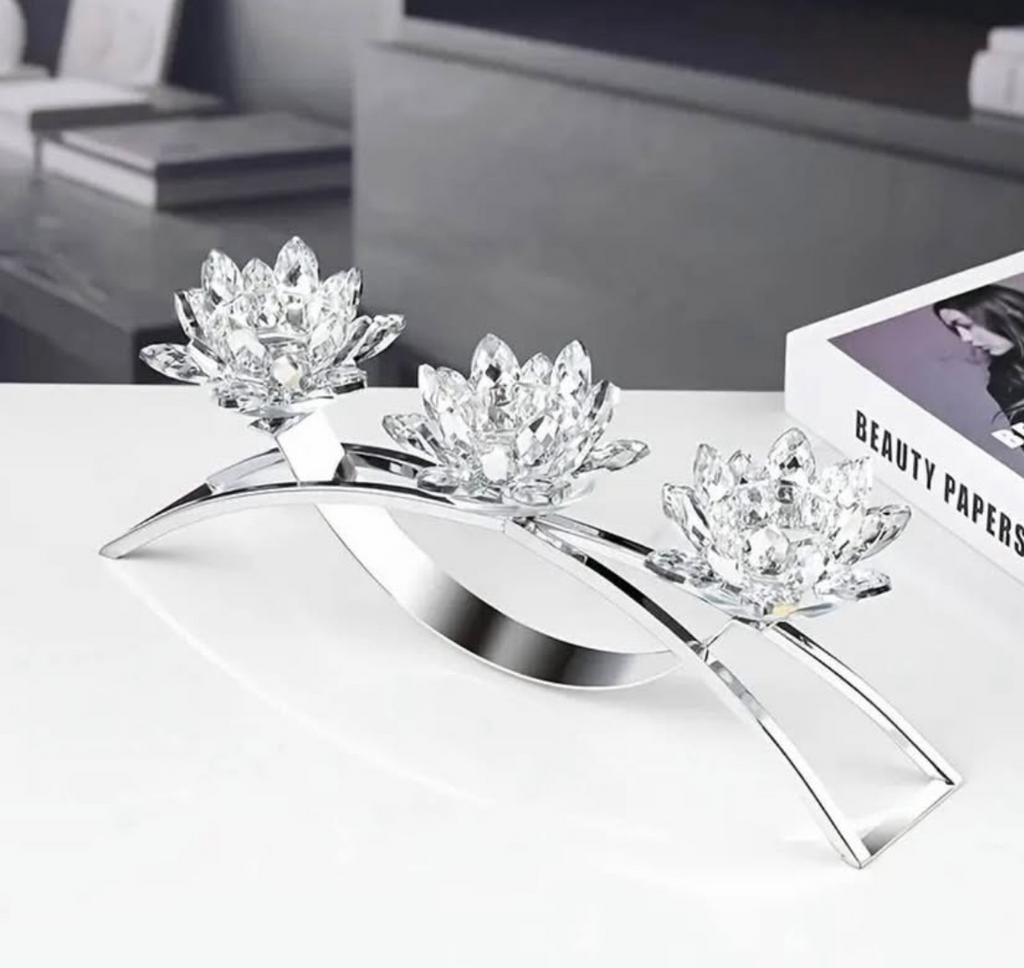 Luxe Kristallen Kandelaar - 3 Lotusbloemen, Nieuw, Ophalen of Verzenden, Metaal, Kandelaar
