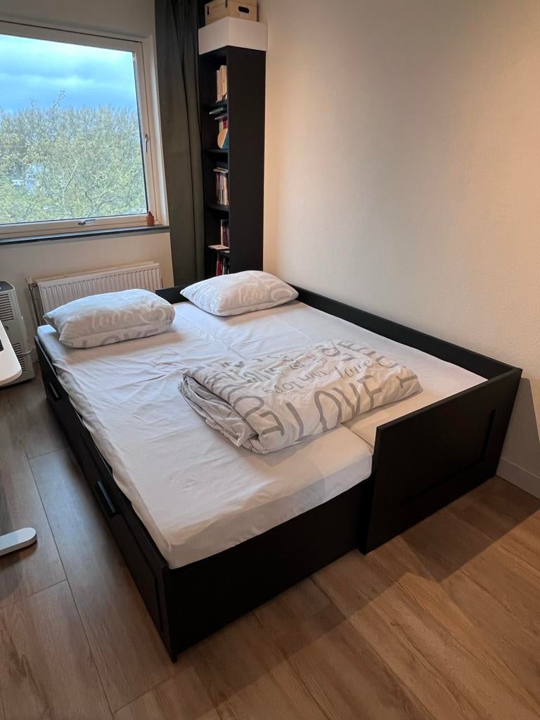 IKEA Brimnes 2-persoons bed uitschuifbaar met lades, Ophalen, Gebruikt, Zwart, Tweepersoons