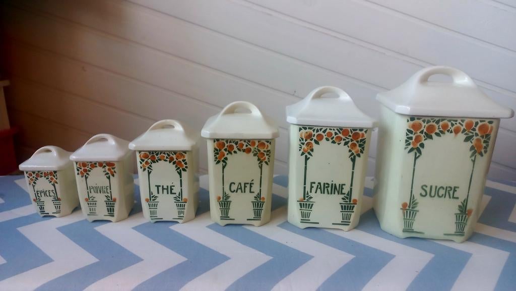 Vintage Franse Keukenset: 6 Aardewerk Voorraadpotten, Ophalen of Verzenden