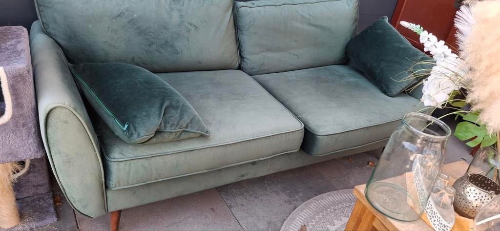 Comfortabel 2-zits bankstel in groene stof, Gebruikt, 150 tot 200 cm, Tweepersoons, 75 tot 100 cm