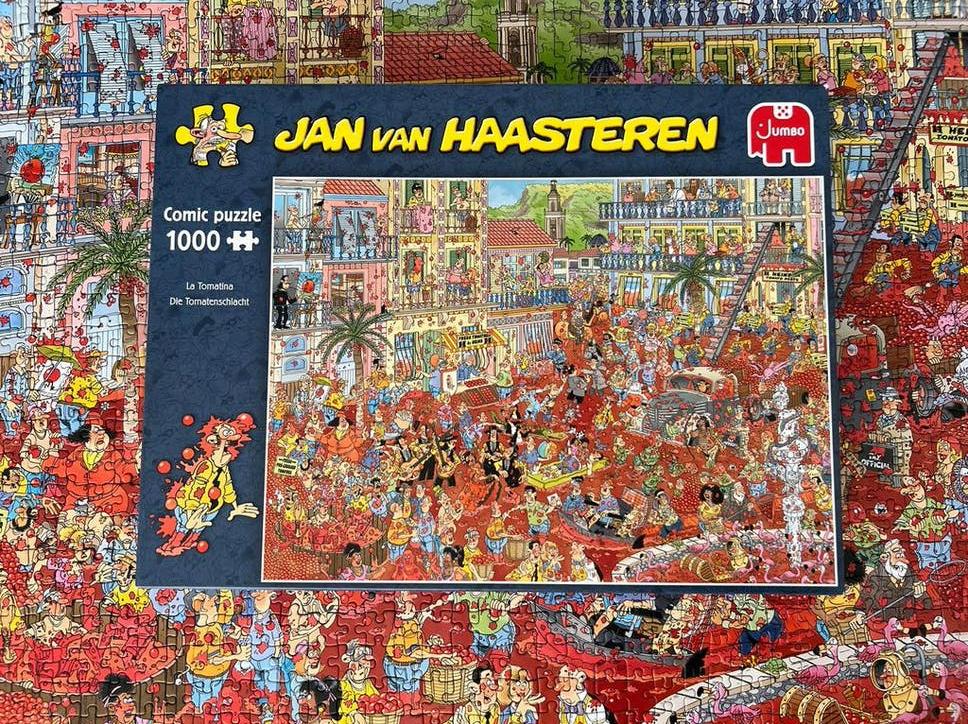 Jan van Haasteren Puzzel Tomatengevecht 1000 stukjes, Ophalen of Verzenden, 500 t/m 1500 stukjes, Gebruikt, Legpuzzel