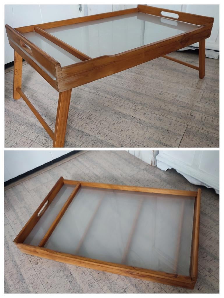 Hout & melkglas dienblad / bedtafel / laptop tafel 40x60, Ophalen, Gebruikt, 50 tot 100 cm, Glas