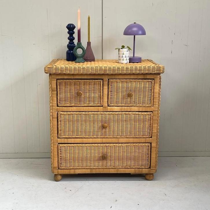 Vintage Boho rotan bamboe ladekast halkast dressoirtje, Huis en Inrichting, Kasten | Ladekasten, Gebruikt, Minder dan 100 cm, 50 tot 100 cm