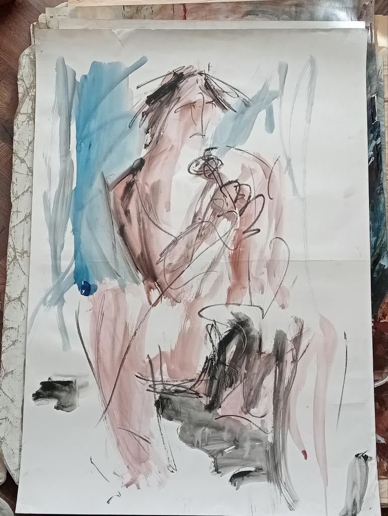 Aquarel met krijt Figuur 20e eeuw, Ophalen of Verzenden