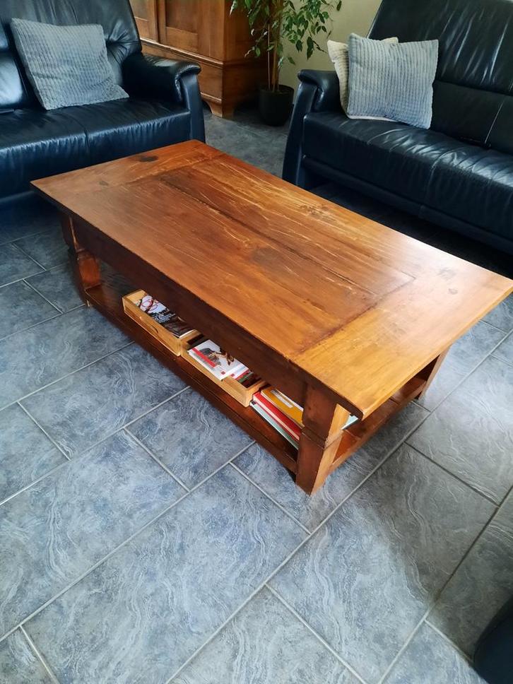 Massief houten salontafel met opbergruimte, Huis en Inrichting, Tafels | Salontafels, Gebruikt, Minder dan 50 cm, 50 tot 100 cm