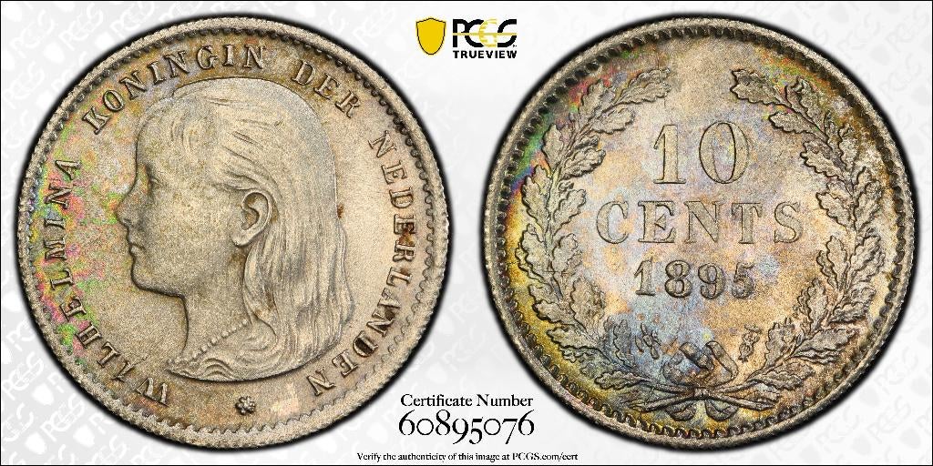 Nederland. Wilhelmina. 10 Cent 1895 - PCGS MS63, Zilver, Ophalen of Verzenden, 10 cent, Koningin Wilhelmina