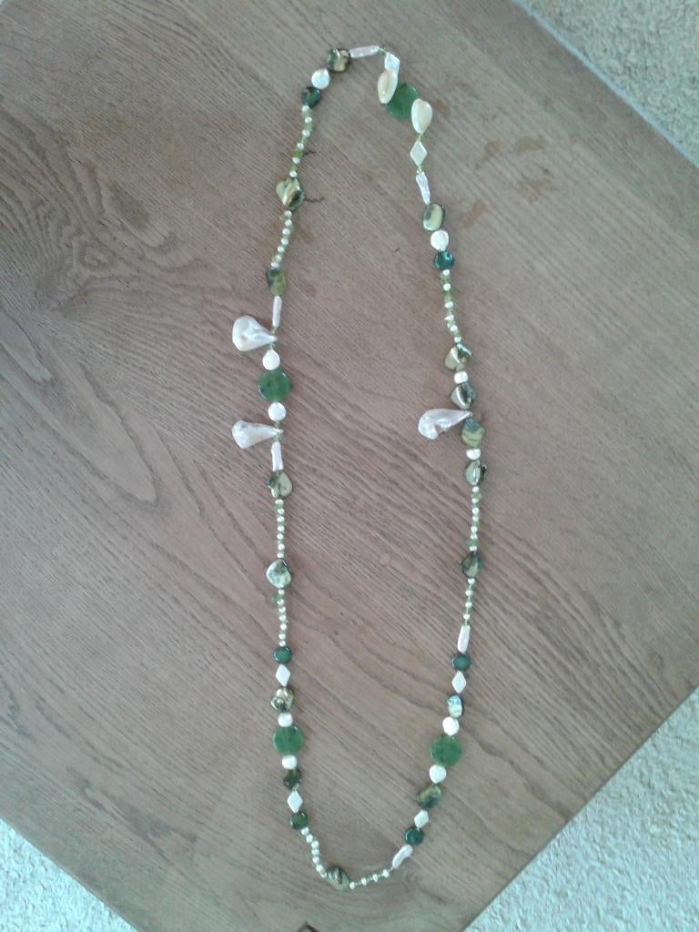 Lang parelcollier: echte parels, jade schijven, peridot, enz, Sieraden, Tassen en Uiterlijk, Kettingen, Nieuw, Ophalen of Verzenden