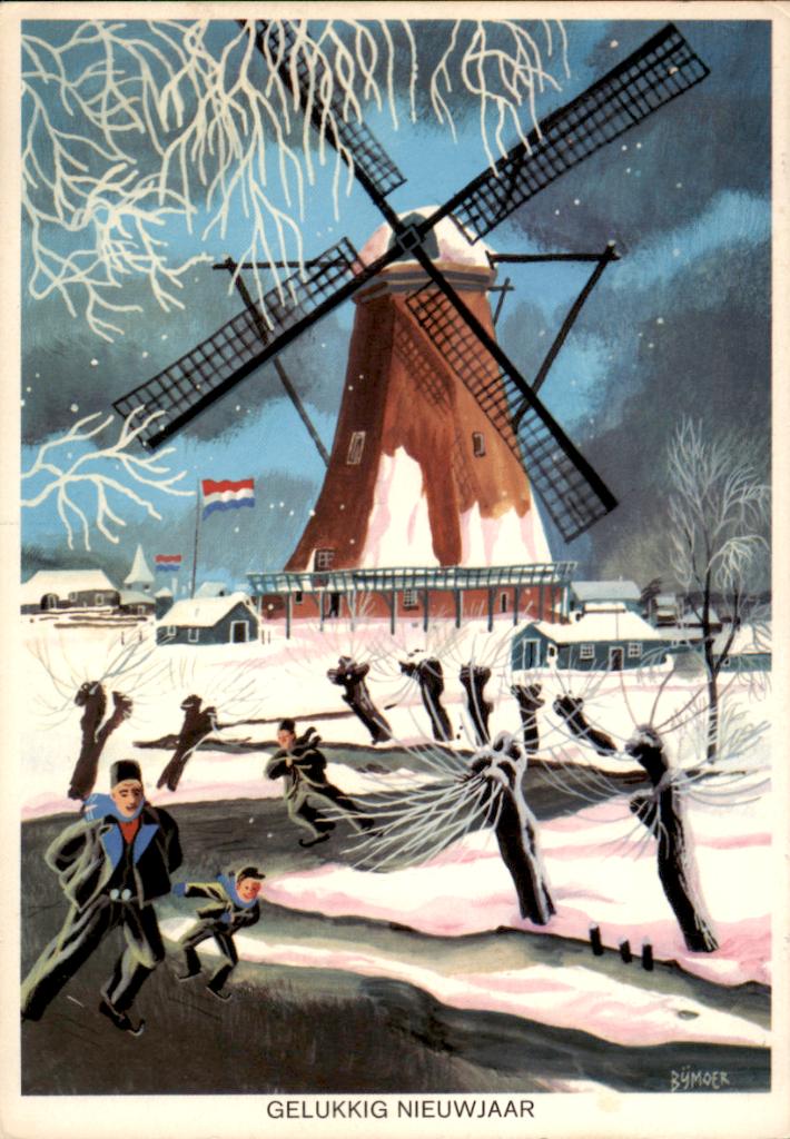 voor het kind, drie schaatsers bij de mogeln, Wim Bijmoer, Verzenden, 1960 tot 1980, Gelopen, Feest(dag)