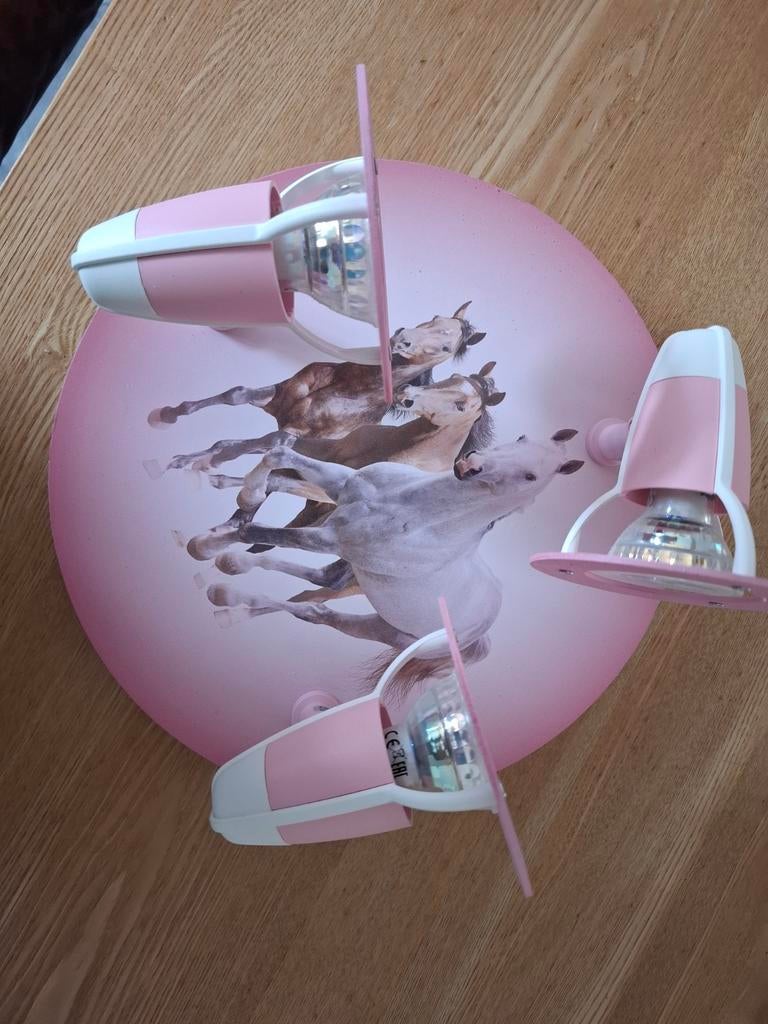 Roze plafonnière met paarden afbeelding - Kinderkamerlamp, Ophalen, Gebruikt, Metaal, Kinderkamer, Paardenthema