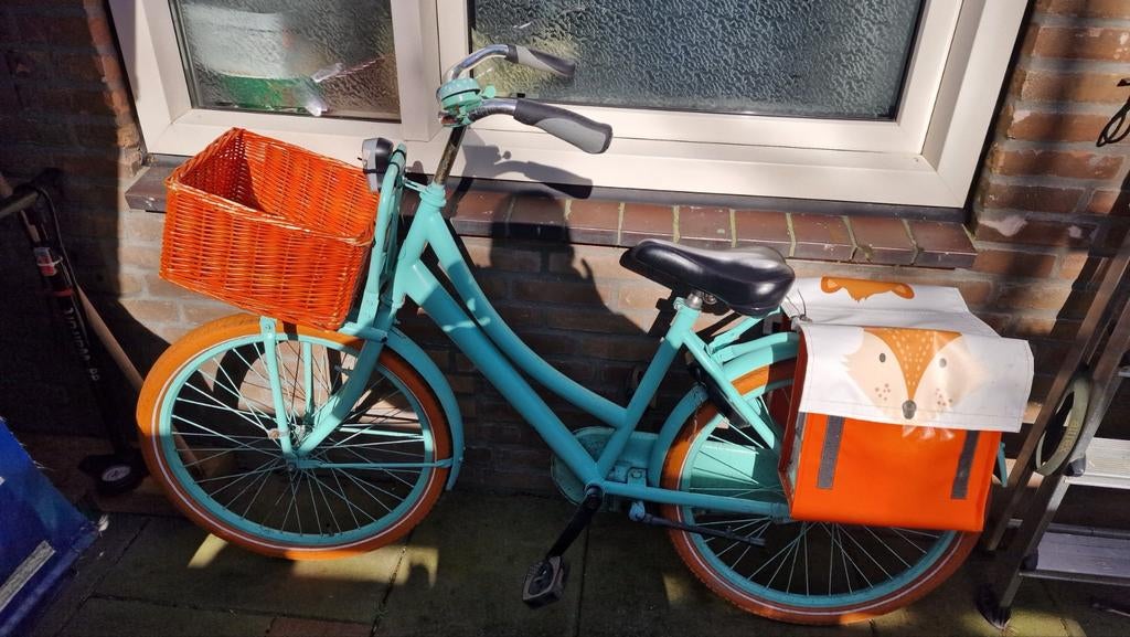 Opvallende turquoise fiets met mand en fietstassen, Fietsen en Brommers, Fietsen | Dames | Damesfietsen, Ophalen