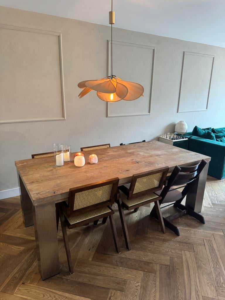 Robuuste houten eettafel met stalen poten, Industriële look, Ophalen, 200 cm of meer, 50 tot 100 cm, Zo goed als nieuw