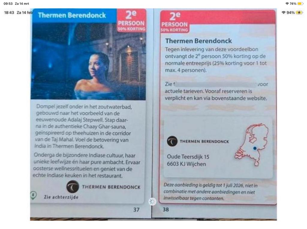 Kortingsbon voor sauna Thermen Berendonck Wijchen (KWF), Tickets en Kaartjes, Twee personen, Kortingsbon, Spa of Sauna