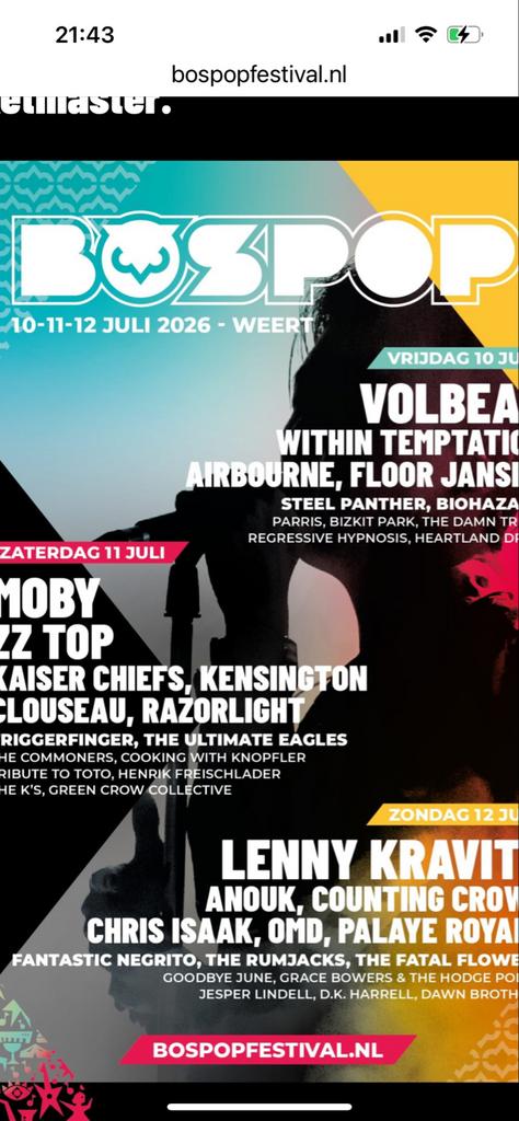Bospop tickets, 3 stuks + parkeerticket  zaterdag 11 juli, Twee personen