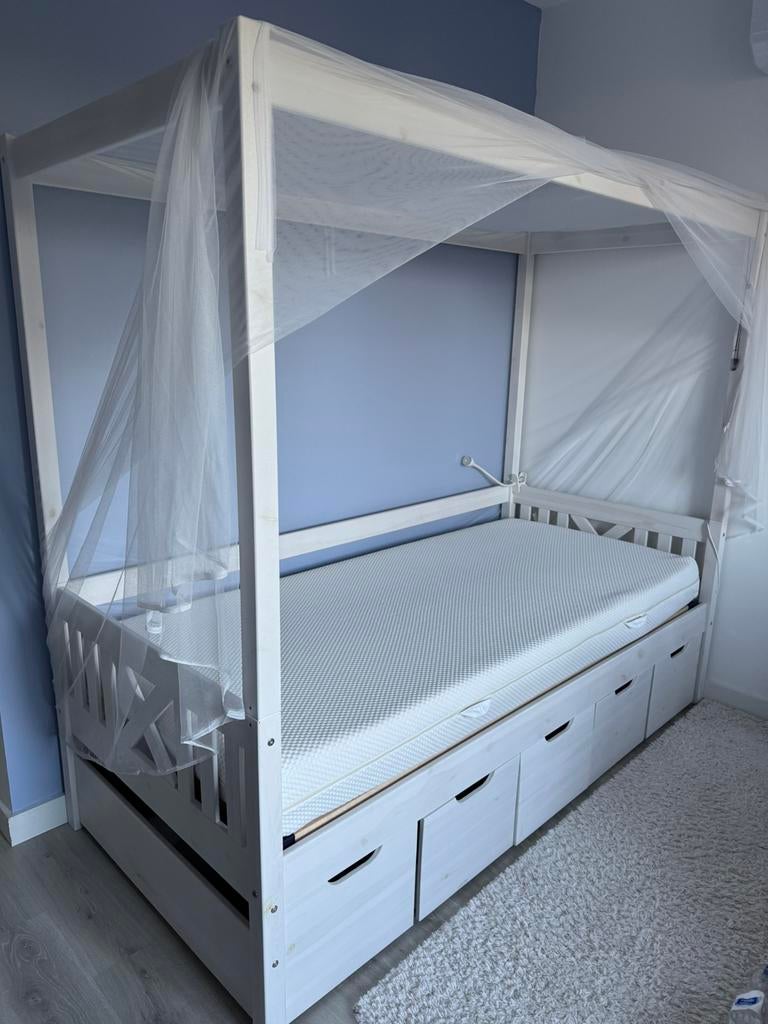 KONINGSDAG AANBIEDING: Hemelbed met 5 lades, Ophalen, 90 cm, Zo goed als nieuw, 200 cm