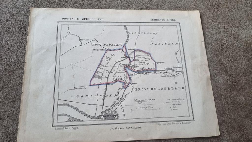 Oude Kaart Gemeente Arkel, Provincie Zuid-Holland (1865), Gelezen, J. Kuyper, Ophalen of Verzenden, Landkaart