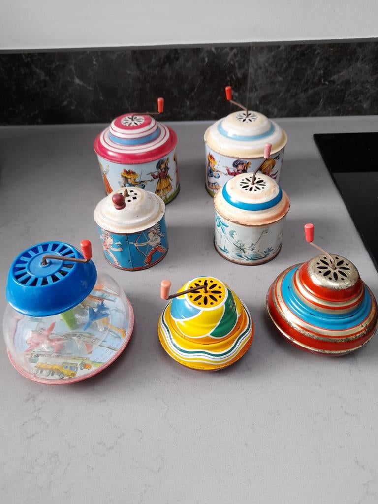 Vintage blikken tollen - Set van 7, Ophalen of Verzenden