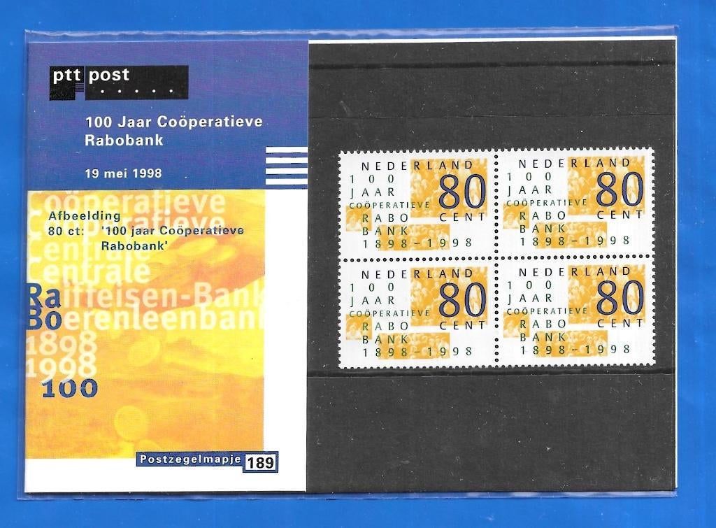 Postzegelmapje 189 - 100 jaar Coöperatieve Rabobank, Postzegels en Munten, Postzegels | Nederland, Verzenden, Na 1940, Postfris