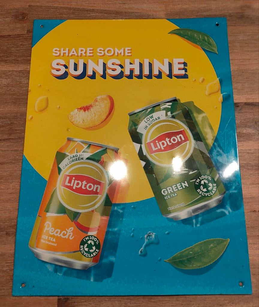 Lipton Ice Tea Reclamebord - Share Some Sunshine, Ophalen of Verzenden, Gebruikt, Reclamebord