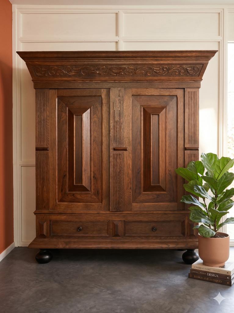 ANTIEKE EIKEN KUSSENKAST - ORIGINEEL GROENLOSE (MET STEMPEL), Ophalen, Met deur(en), 50 tot 100 cm, 150 tot 200 cm