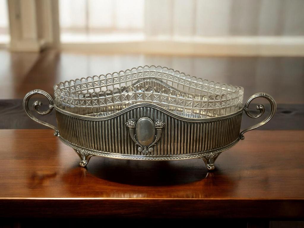 Jugendstil Zilveren Jardinière met Kristallen Inzet, Ophalen, Zilver