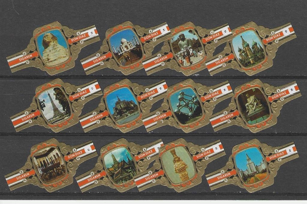 reeks 3060  wereld wonderen  1-12   sigarenbanden, Ophalen of Verzenden, Zo goed als nieuw, Sigarenbandjes