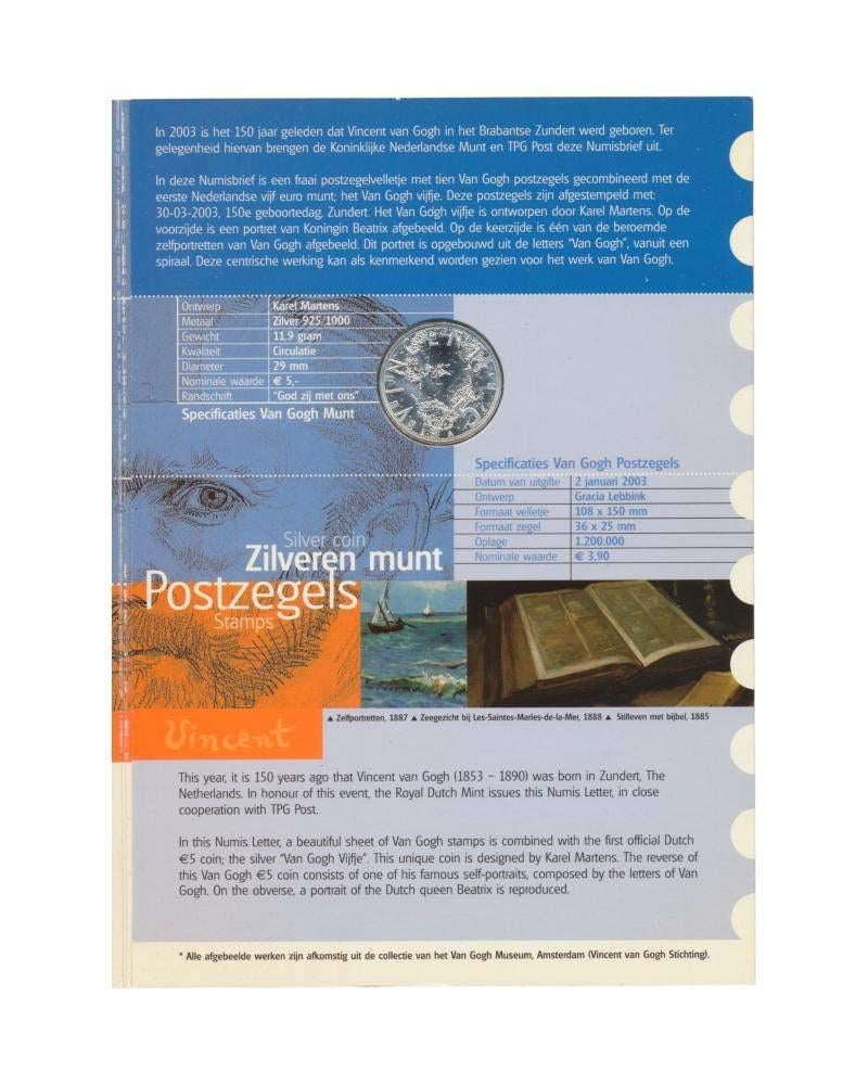 Nederland Zilveren 5 Euro 2003 & postzegels Vincent van Gogh, Postzegels en Munten, Koningin Beatrix, Zilver, Euro's, Ophalen of Verzenden