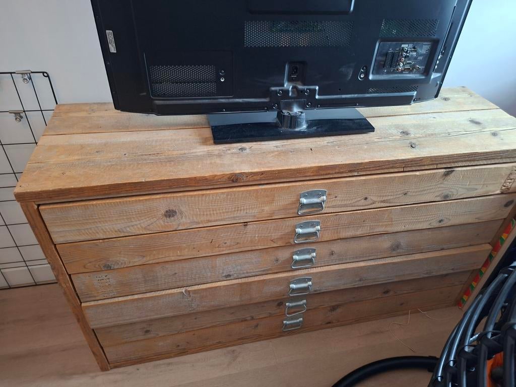 Steigerhouten kast met 6 lades, Huis en Inrichting, Kasten | Dressoirs, Ophalen, Gebruikt, 100 tot 150 cm, Met lade(s)