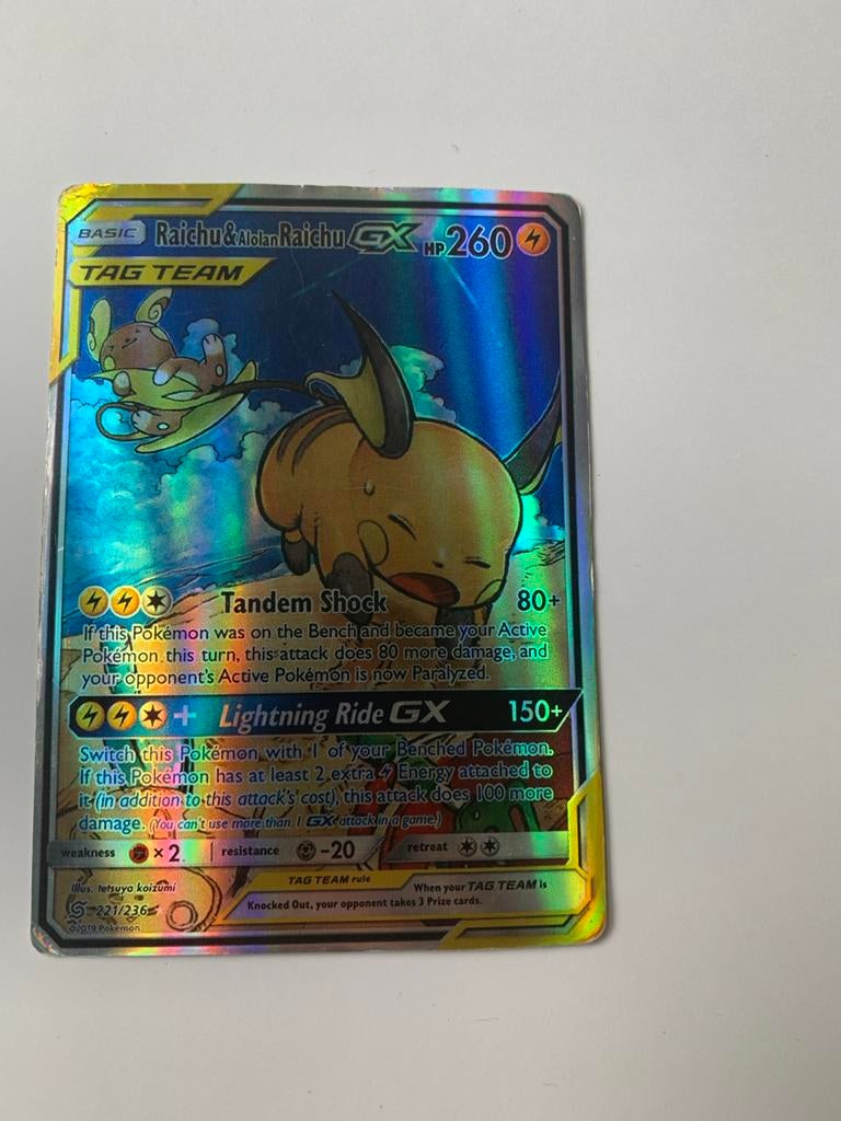 Raichu & Alolan Raichu GX TAG TEAM Pokémon Kaart, Hobby en Vrije tijd, Verzamelkaartspellen | Pokémon, Ophalen of Verzenden, Zo goed als nieuw