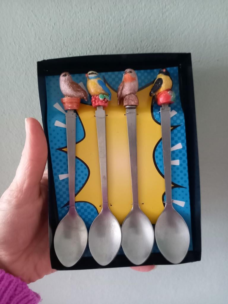 Theelepels met vogels 4 stuks, Ophalen of Verzenden, Rvs of Chroom