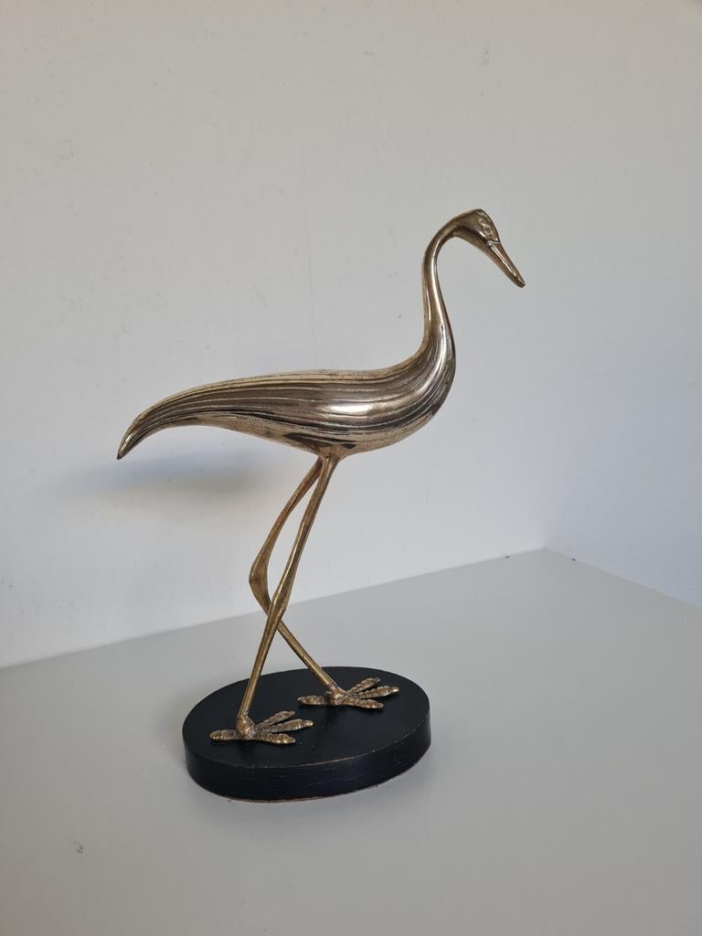 Vintage Messing Reiger Kraanvogel Ibis Sculptuur op sokkel, Art deco, Gepatineerd, Ophalen of Verzenden, Brons